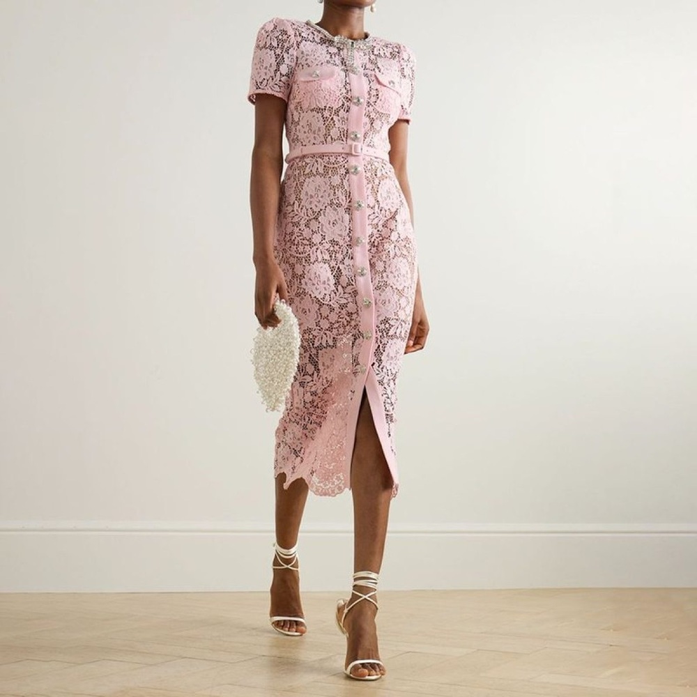 Self-Portrait PINK LACE DIAMANTE BOW MIDI DRESS Size 8 NWT. - Picture 3 of 7